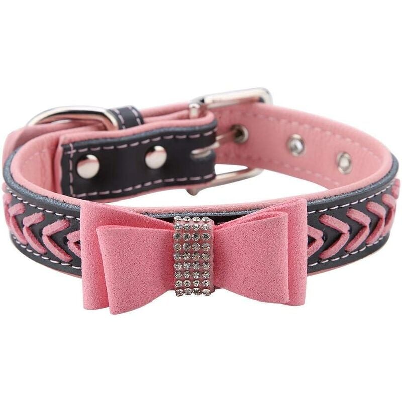 

Collar de perro con tachuelas de diamantes de imitación con pajarita de campana, collar de PU suave ajustable para mascotas Collar lindo de perro y