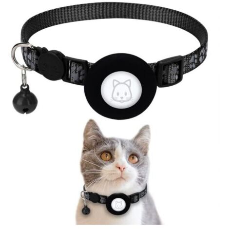 Collar para gatos (negro) con hebilla de seguridad y cascabel, collar reflectante de 1 cm de ancho con soporte para Airtag para gatos, cachorros y gatitos