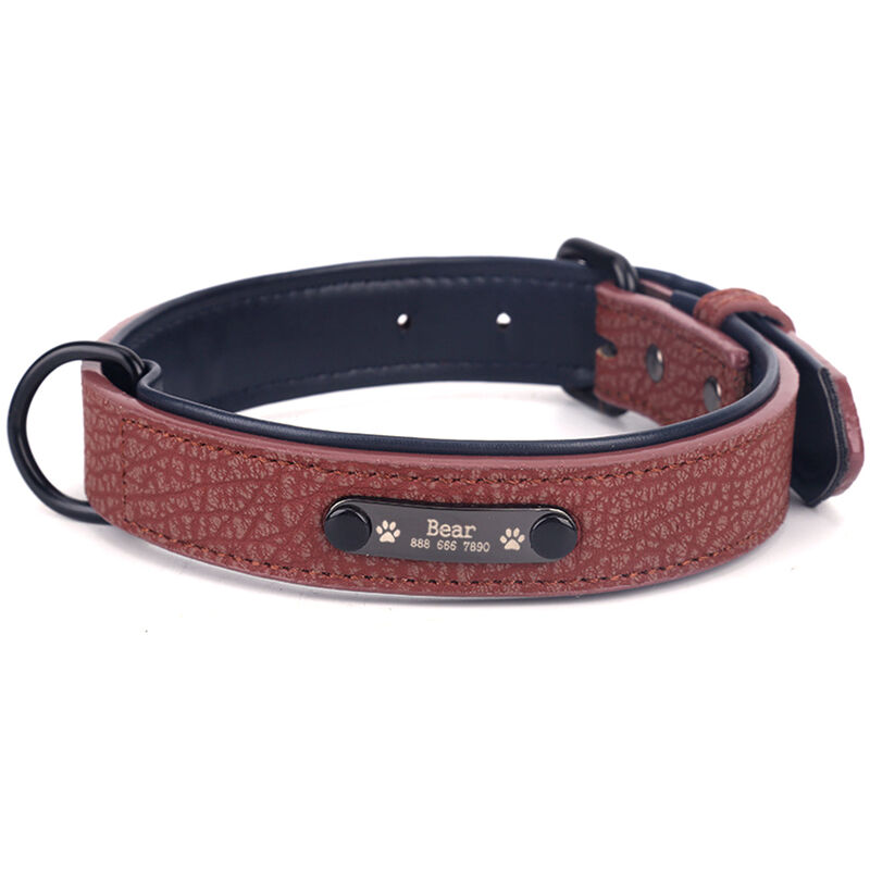 

collar para mascotas, cuello de microfibra con letras de cuero PU,marron, XL / 43-53CM