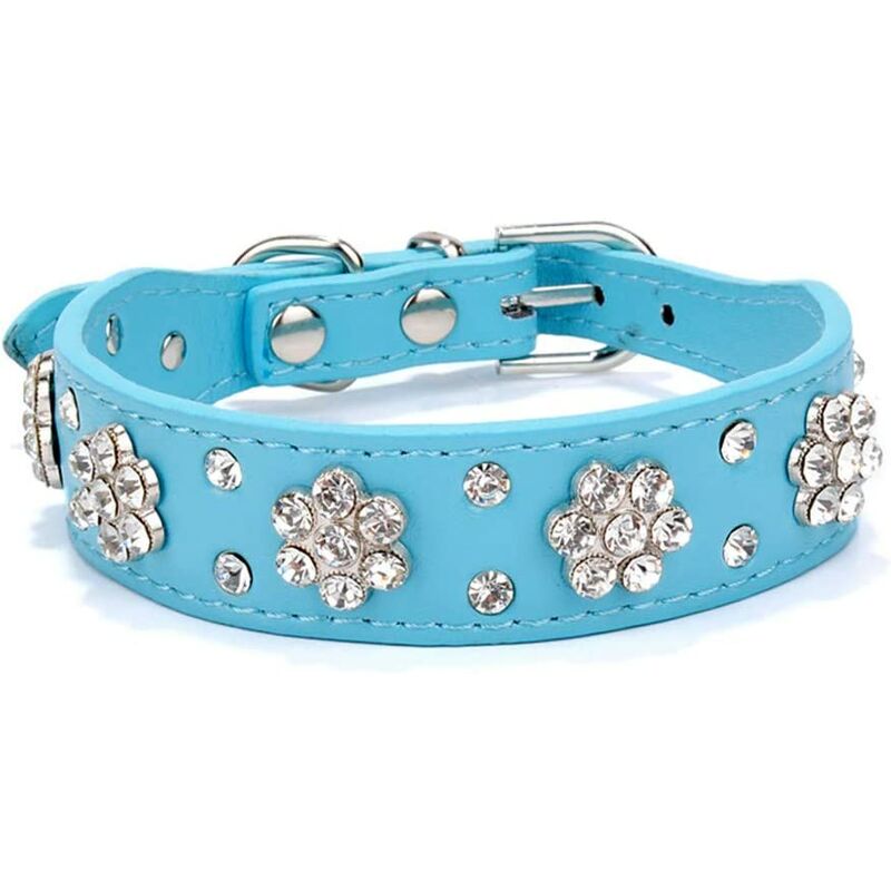 

Collar para perro con estampado de flores de diamantes de imitación Bling Bling (Azul S) - Adecuado para perros pequeños y medianos （Azul）