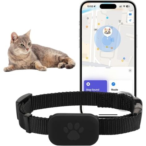 DPZO Collar rastreador para gatos, perros y mascotas, sin suscripción mensual, ajustable (28-39 cm) con GPS y hebilla de seguridad, compatible con iOS.