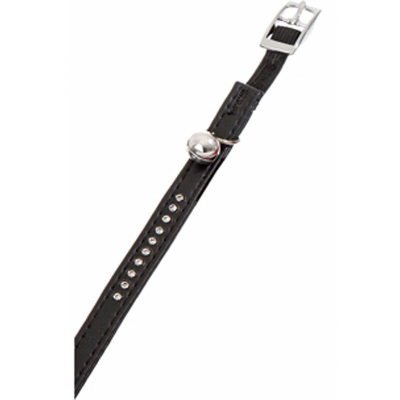 

Collar tamaño 30 cm x 11 mm. color negro . con strass y campana. para el gato