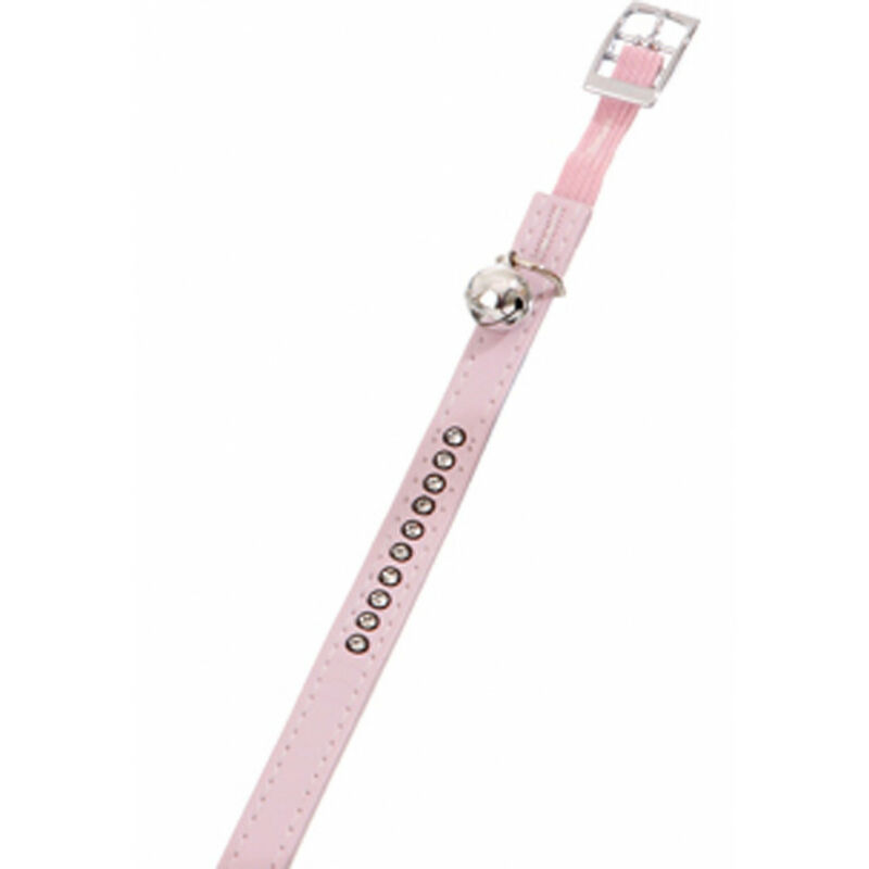 

Collar tamaño 30 cm x 11 mm, color rosa claro con pedrería y cascabel para gato