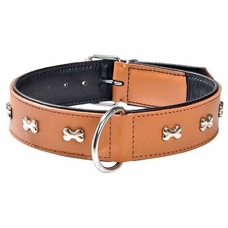 Collare in pelle cammello con lucidi ossi nichelati modello Extra Souple per cani: Collare cammello 45×2,20 cm