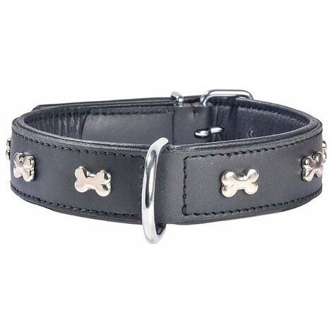 Collare in pelle nero con lucidi ossi nichelati modello Extra Souple per cani: Collare nero 45×2,20 cm