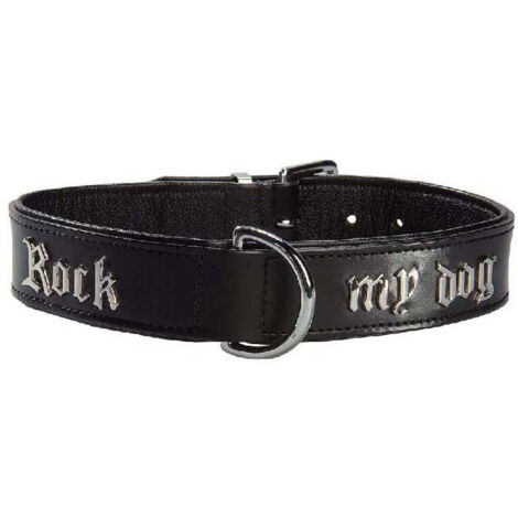 Collare nero 45 x 3,9 cm: Collare in similpelle nero con fibbia con scritta Rock My Dog per cani