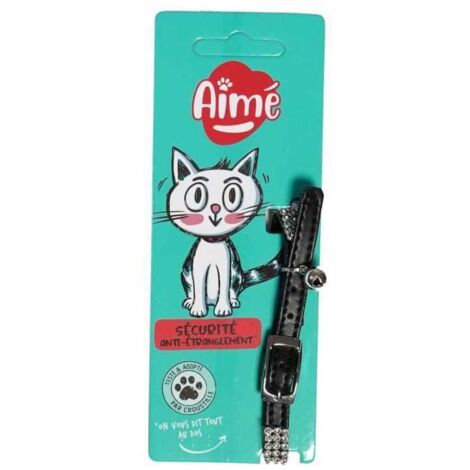 Collare per gatto AIME regolabile 18-28 cm, nylon nero con strass e campanella