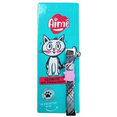 Collare per gatto AIMÉ Tartan Rose tessuto jean blu, taglia regolabile 18–28 cm