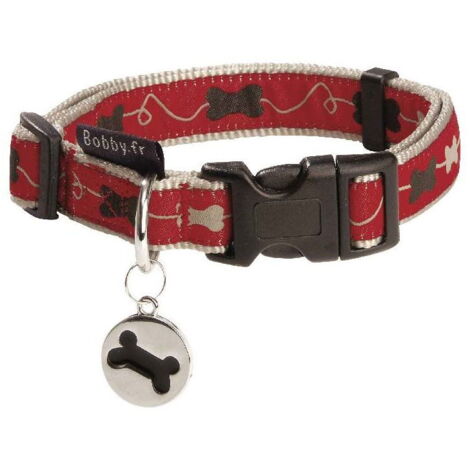 Collare rosso con ricamo a osso e ciondolo modello Kyrielle per cani: Collare rosso 25-40 x 1,6 cm