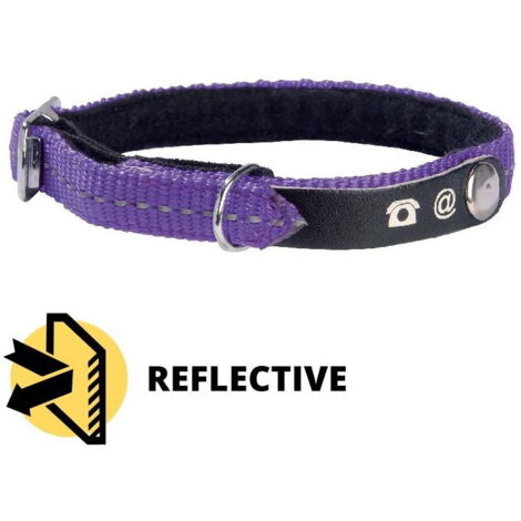 Collare viola in nylon riflettente con linguetta per indirizzo modello Lost per gatti