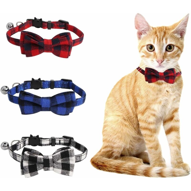 

Abcrital - Collares para gatos, campana y pajarita con hebilla de seguridad, collares ajustables para gatitos y gatos, 3 piezas de collar antiahogo