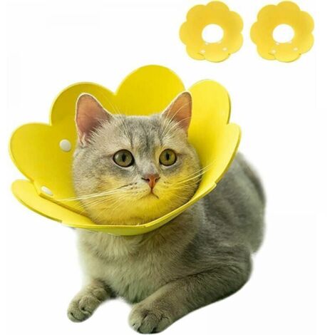 Collares para gatos, collares de recuperación para mascotas, cono antimordeduras, protección ajustable, diseño de girasol para perros y gatos (amarillo), Sunny