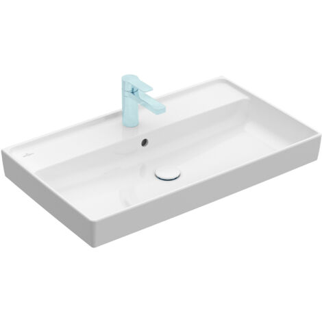 Collaro, Encimeras, 800 x 470 mm, Rectangular, para grifería de 3 orificios, orificio central perforado, sin rebosadero, White CeramicPlus