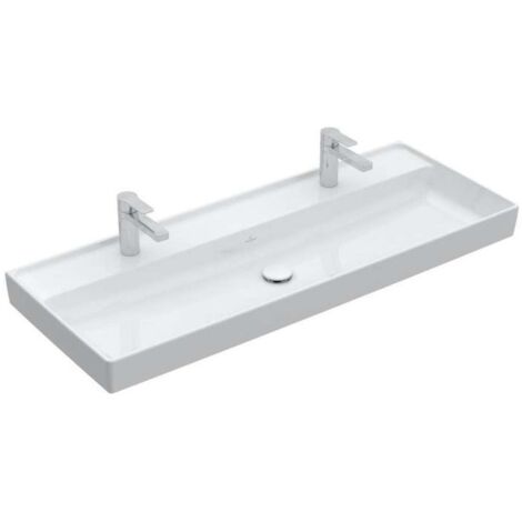 Collaro, Encimeras de lavabo, 1200 x 470 mm, Rectangular, Diseño registrado, para dos grifos de un solo orificio, orificios para grifería perforados, sin rebosadero, White CeramicPlus