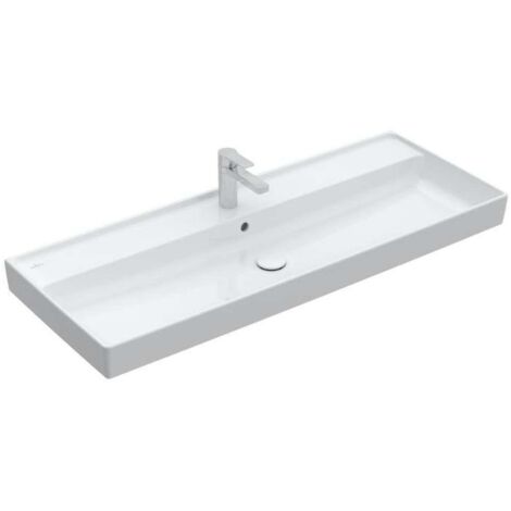 Collaro, Encimeras de lavabo, 1200 x 470 mm, Rectangular, Diseño registrado, para grifería de 3 orificios, orificio central para grifería perforado, con rebosadero, TitanCeram, Stone White CeramicPlus