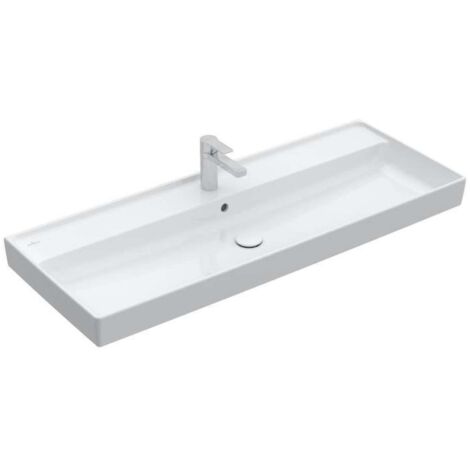 Collaro, Encimeras de lavabo, 1200 x 470 mm, Rectangular, Diseño registrado, para grifería de 3 orificios, orificio central perforado, con rebosadero, TitanCeram, White CeramicPlus