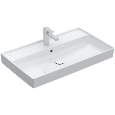 Collaro, Encimeras de lavabo, 800 x 470 mm, Rectangular, Diseño registrado, para grifería de 3 orificios, orificio central para grifería perforado, con rebosadero, TitanCeram, Stone White CeramicPlus