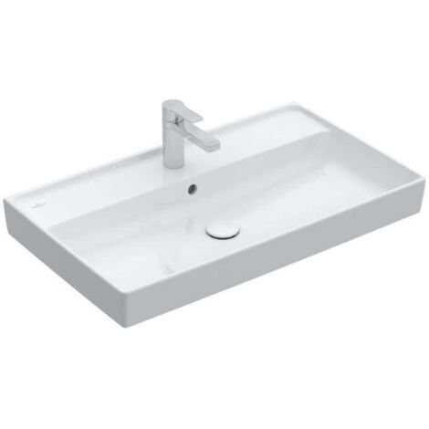 Collaro, Piani lavabo, 800 x 470 mm, Rettangolare, Design depositato, modello rettificato, per rubinetteria a 3 fori, foro centrale per rubinetteria, con troppopieno, TitanCeram, White CeramicPlus