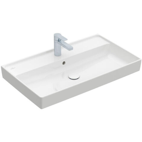 Collaro, Plans de toilette, 800 x 470 mm, Rectangulaire, Modèle déposé, pour robinetterie à 3 trou s, troude robinetterie central percé,avec trop-plein, TitanCeram, Blanc CeramicPlus