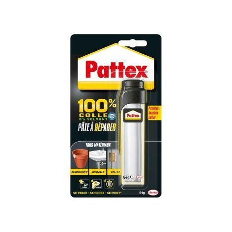 Pattex 100% Pâte à réparer multi-usages, Pâte epoxy bi-composante pour collages sur de multiples matériaux, permet de reconstituer de la matière, pâte peignable & ponçable, tube de 64 g