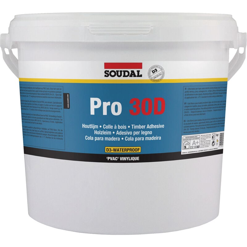 Soudal - Colle à bois blanche résistante à l'eau - Pro 30D 5kg - seau à bec verseur