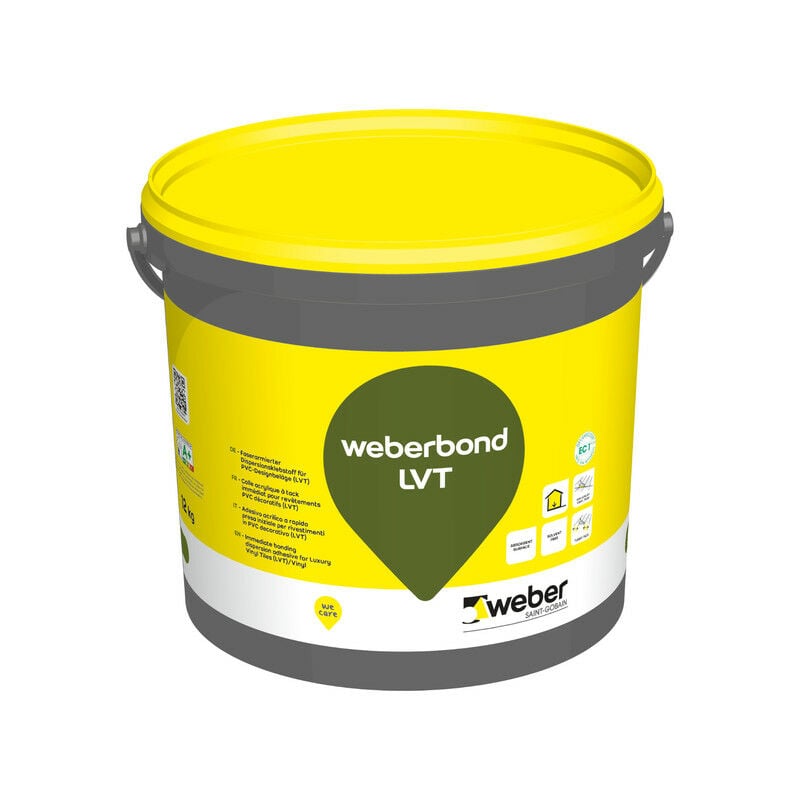 Colle acrylique 12kg, à tack immédiat pour revêtements PVC décoratifs, sans solvant, Weberbond LVT , WEBER