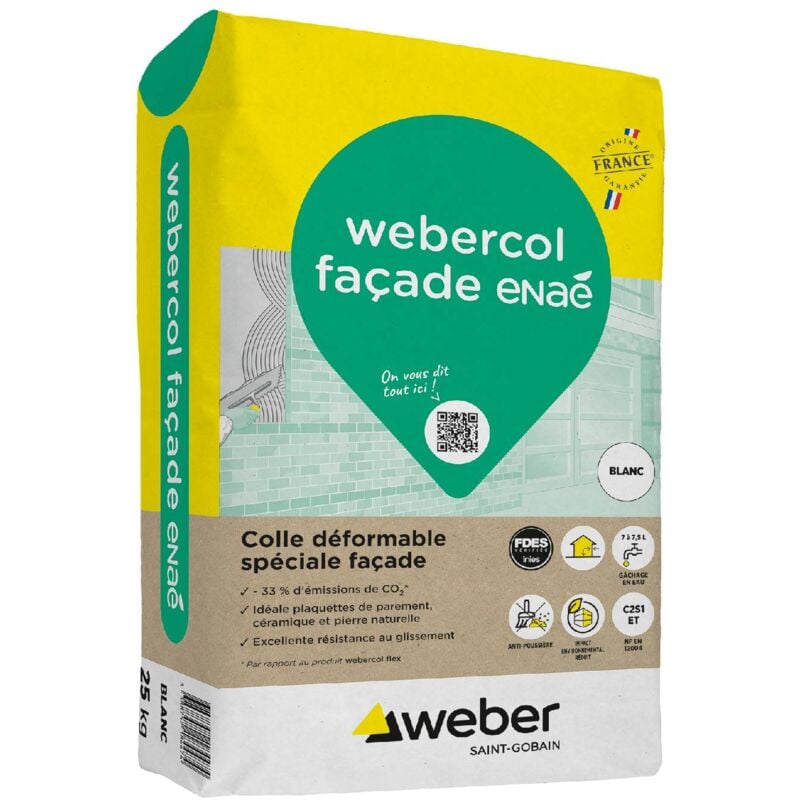 Colle déformable spéciale façade, 25kg, Blanc, pose de plaquettes, carrelages, pierres naturelles, Webercol façade, weber