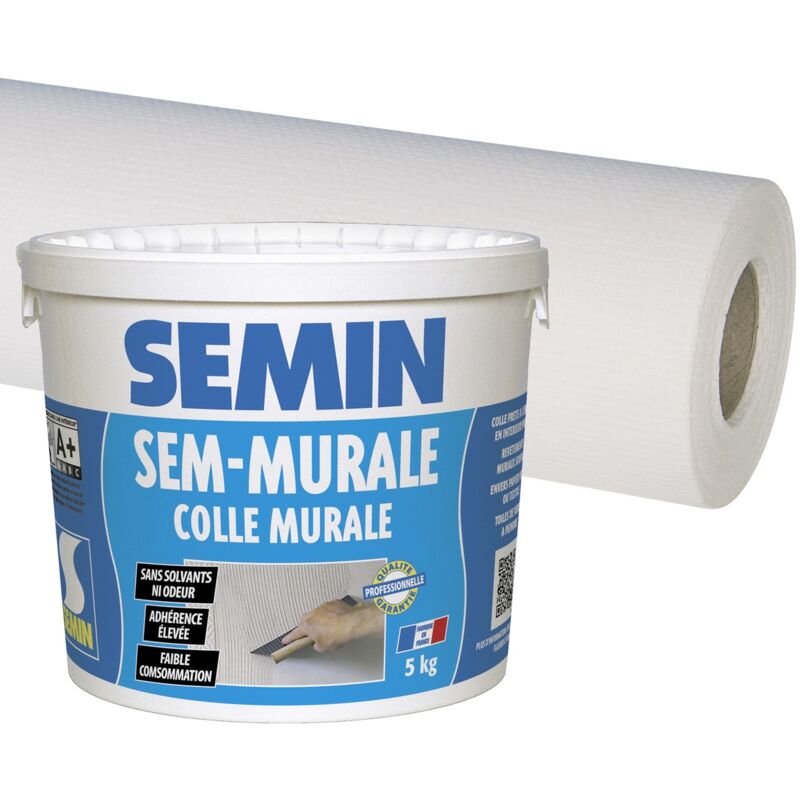 Semin - Colle en pâte pour toiles de verre prête à l'emploi - seau de 10 kg et toile de verre Sem Toile Eco t 023 - motif maille - 25 m x 1 m