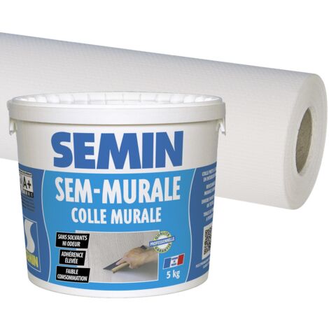 Colle en pâte pour toiles de verre Semin - prête à l'emploi - seau de 10 kg et toile de verre Sem Toile Eco T 023 - motif maille - 25 m x 1 m