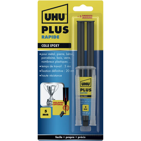 Colle époxy 2 composants 15g – Seringue avec canule auto-mélangeuse – Résistante aux chocs et à l'eau – Pour métal, céramique, bois – UHU