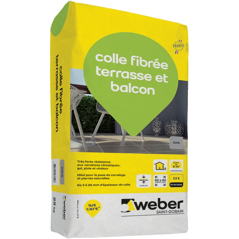 Colle fibrée terrasse et balcon, 25kg, Gris, Mortier-colle fibré pour terrasses et balcons weber