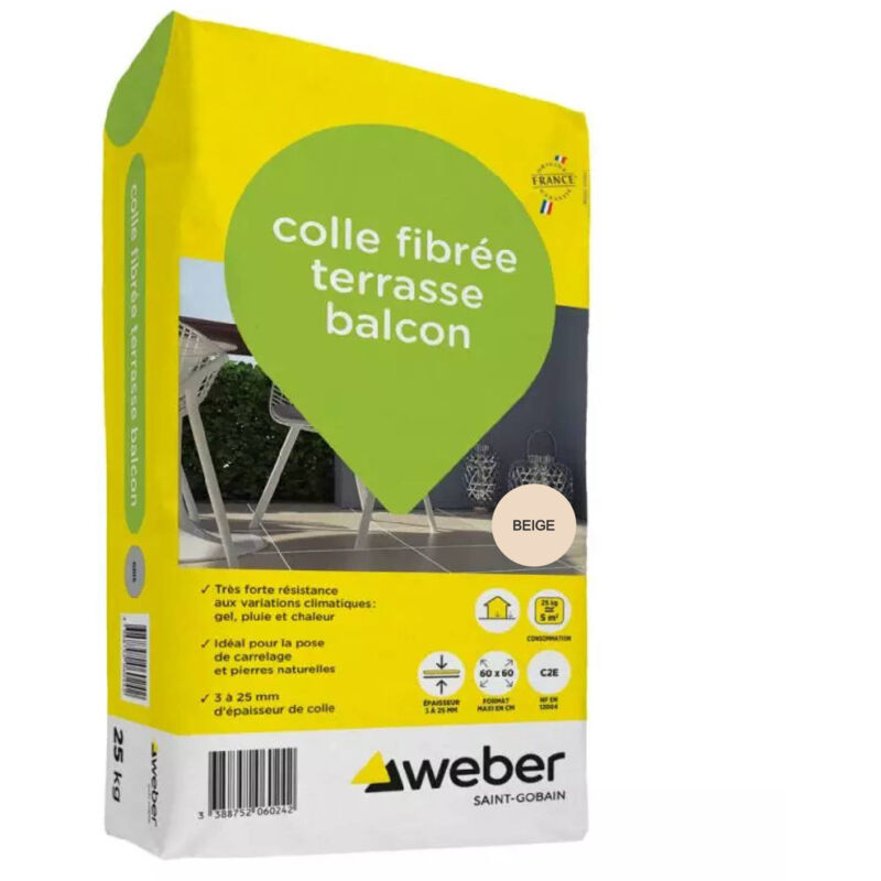 Colle fibrée pour terrasses et balcons beige 25 kg pour carrelages et pierres naturelles - Weber