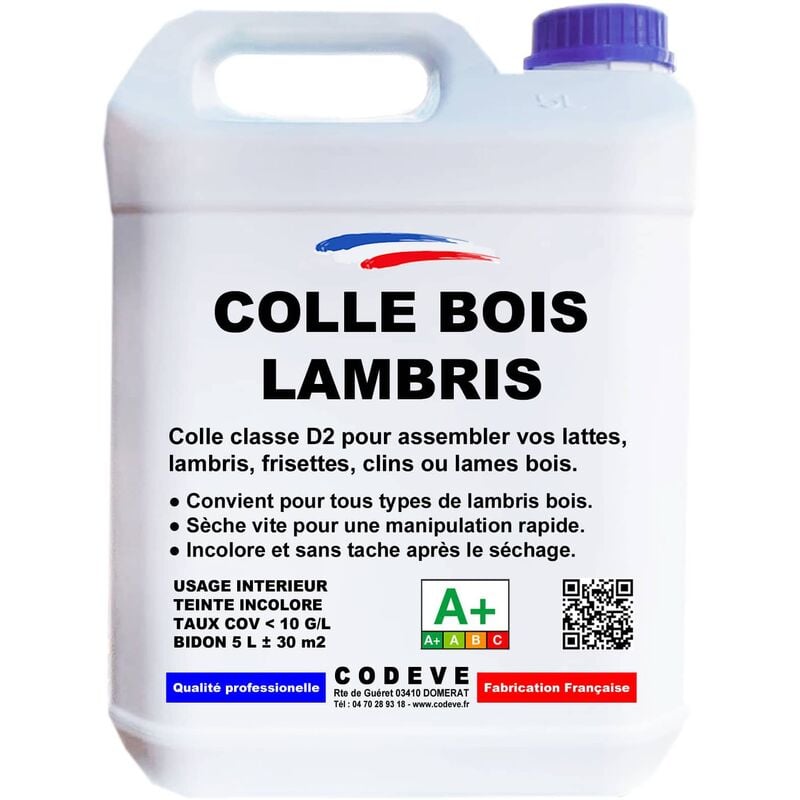 Colle Lambris Bois - 5 L - Codeve Bois - Pour L'assemblage D'un Lambris, Frisette, Plinthe, Clin, Lame Ou Latte En Bois.
