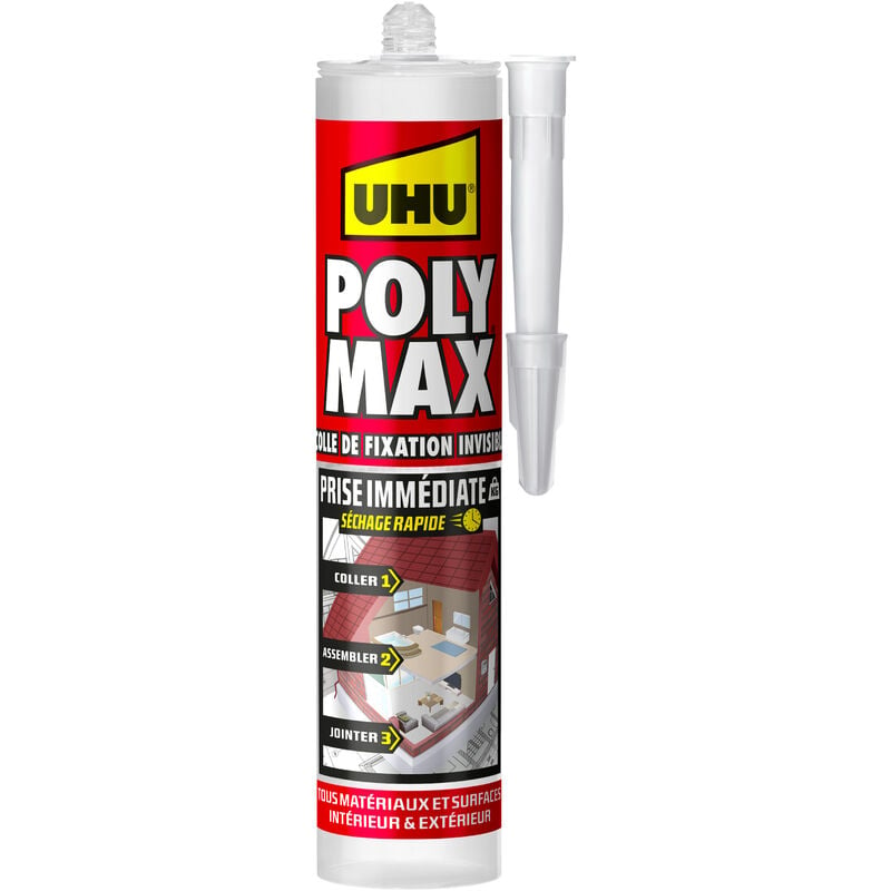 Polymax prise immédiate invisible- Mastic/colle msp pour coller, assembler et jointer, ultra solide, sans solvants, transparent, cartouche 300 g - UHU