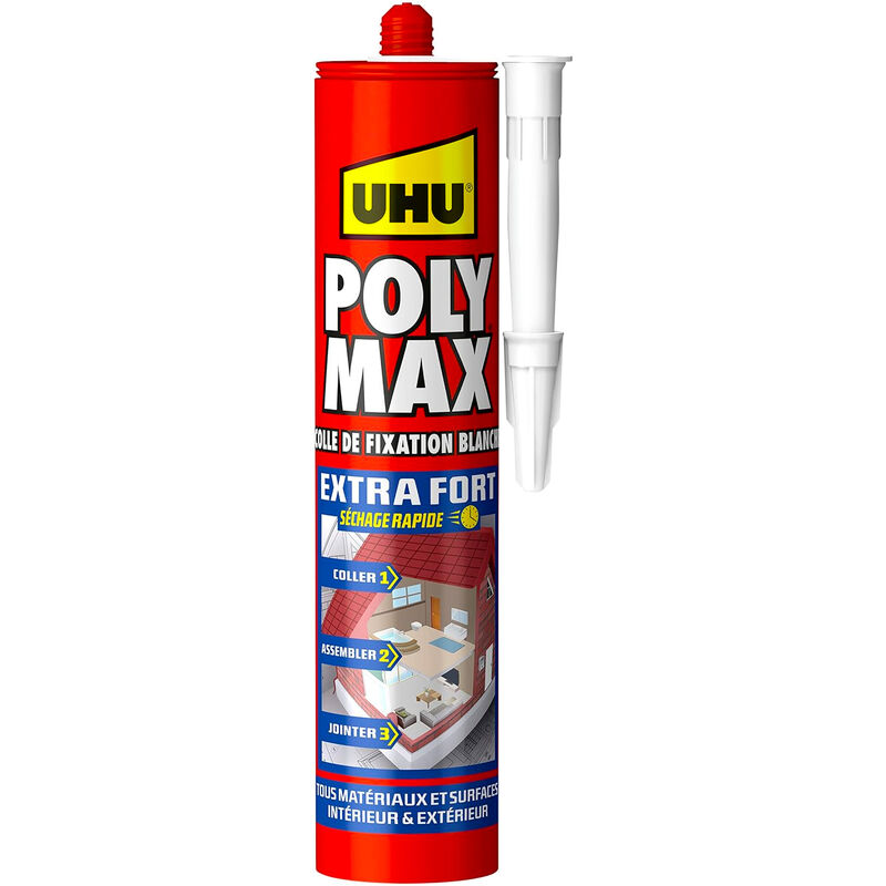 UHU - Polymax extra fort- Mastic/colle de fixation msp pour coller, assembler et jointer, séchage rapide, sans solvants, blanc, cartouche 425 g