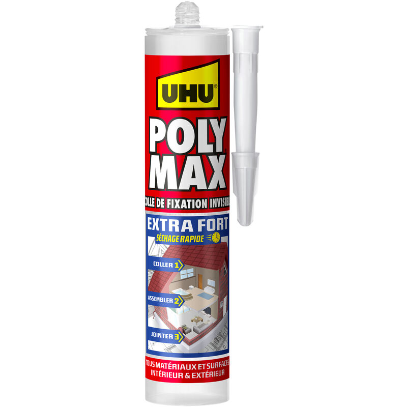 Polymax extra fort invisible- Mastic/colle msp pour coller, assembler et jointer, séchage rapide, sans solvants, transparent, cartouche 300 g - UHU