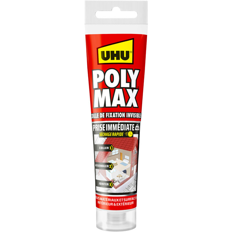 UHU - Polymax prise immédiate- Mastic/colle msp pour coller, assembler et jointer, toutes surfaces, ultra solide, sans solvants, blanc, tube 165 g