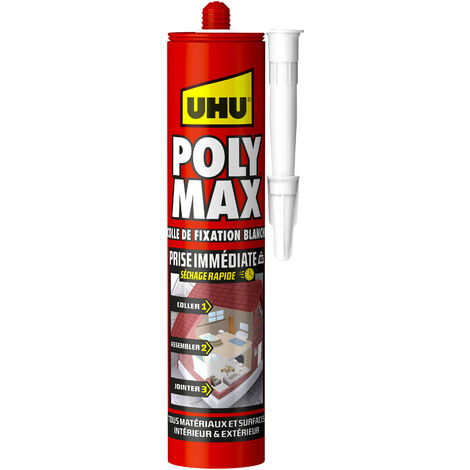Colle multi-usage Poly Max 300gr blanc – Prise immédiate après 30 min – Pour béton, bois, métal et verre – Résistance aux moisissures – UHU