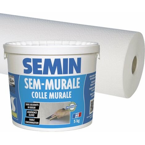 Colle pour toiles de verre en pâte Semin - seau 5 kg et toile de verre pour murs et plafonds Sem Crepi Eco C 103 - Motif Crépi - 50 m x 1 m