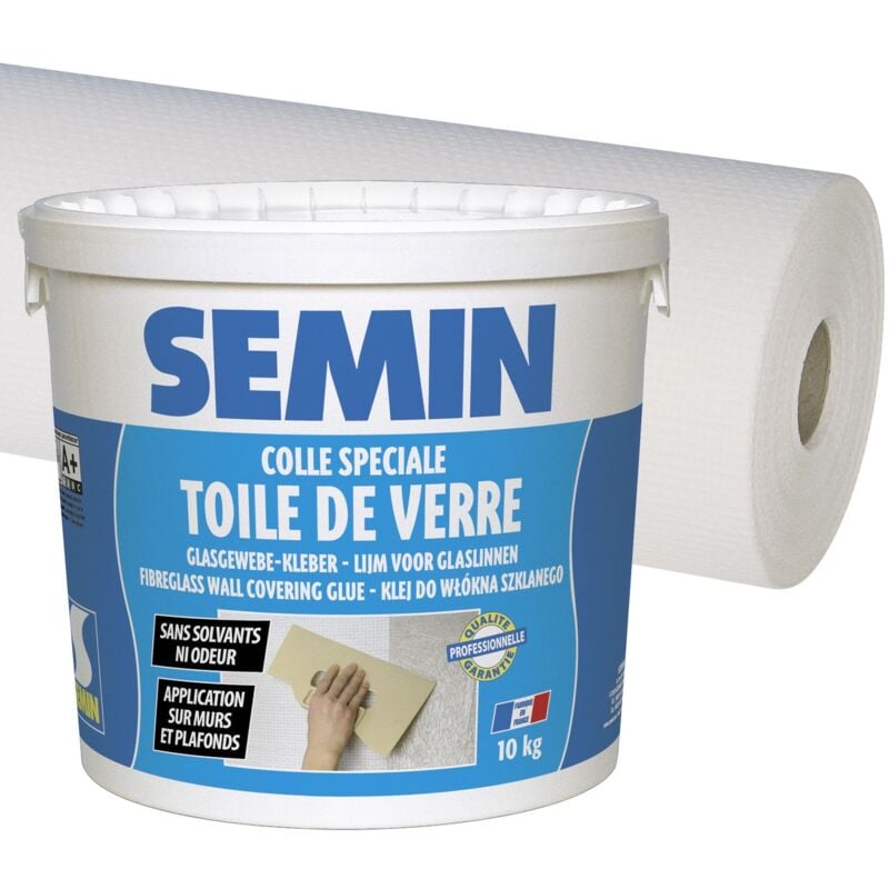 Semin - Colle pour toiles de verre en pâte seau 5 kg et toile de verre pour murs et plafonds Sem Toile Eco t 023 - motif maille - 50 m x 1 m
