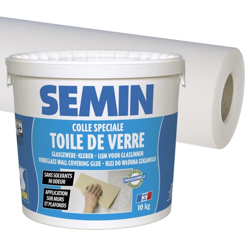 Semin - Colle pour toiles de verre et revêtements muraux légers en pâte seau 5 kg et toile de verre Sem Toile Eco t 023 - motif maille - 25 m x 1 m