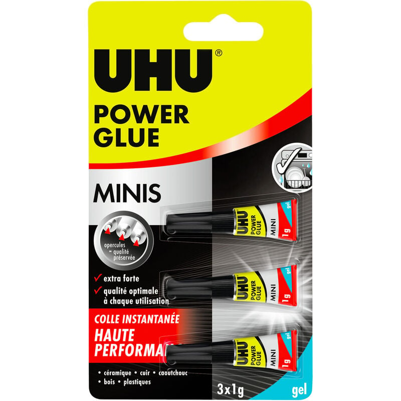 Power glue minis gel - Colle instantanée ultra rapide et forte, ne coule pas, sans solvants, transparente, tubes 3x1g - UHU
