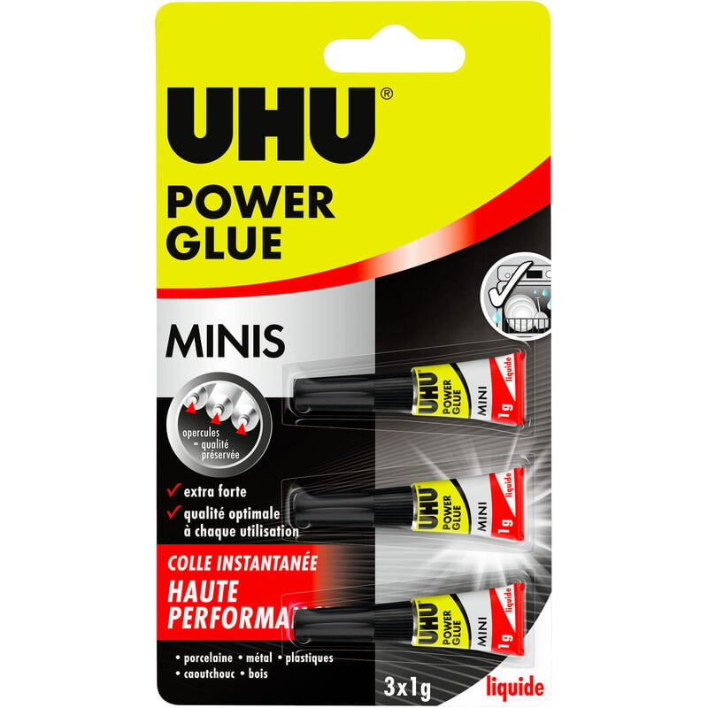 Power glue minis liquide - Colle instantanée ultra rapide et forte, sans solvants, transparente, tubes 3x1g - UHU