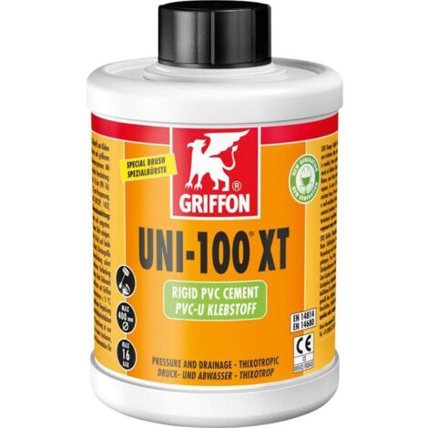Griffon – Colle PVC rigide thixotrope 1L – Pour tuyaux jusqu'à 400 mm – Pression 16 bar – Inclus pinceau goupillon - POT 1 L