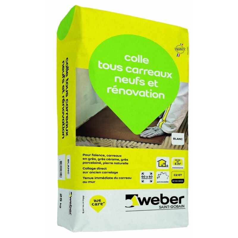Colle tous carreaux neuf et rénovation 25kg, Blanc, Mortier-colle pour facence et grès, weber