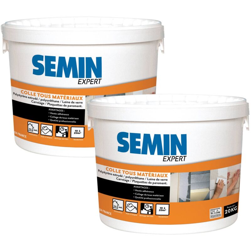 Colle Tout Matériaux Semin Prêt à l'Emploi - Intérieur/Extérieur - Seau de 20 kg (lot de 2)