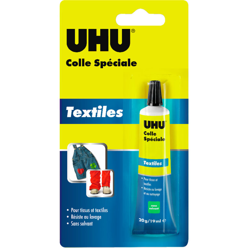 UHU - Colle spéciale textiles - Colle idéale pour les ourlets et réparer les trous et déchirures dans les vêtements, transparente, tube 20g