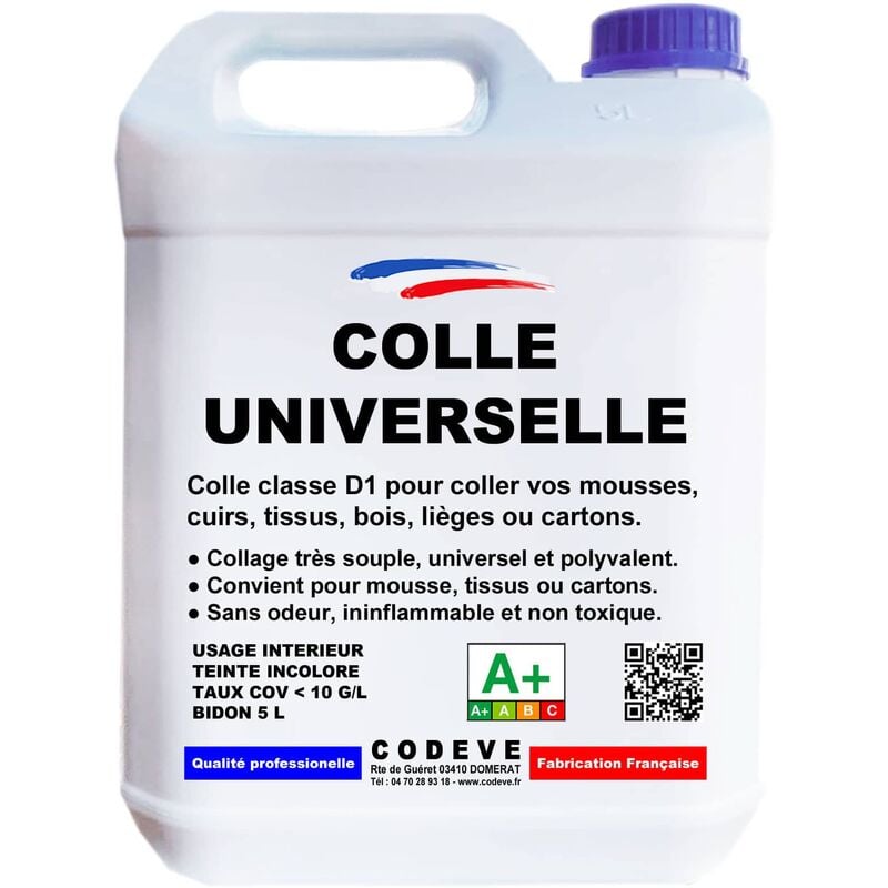 Codève Bois - Colle Universelle - 4x5 l - Codeve Bois - Pour L'assemblage Polyvalent D'un Cuir, Tissu, Bois, Liège, Mousse Ou Carton.