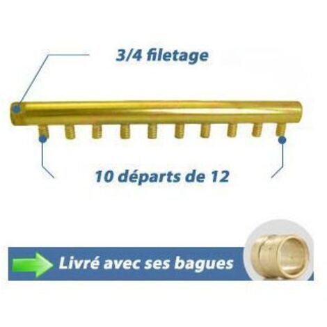 Collecteur 3/4" (20/27) Mâle-Bouchonné 10 piquages à glissement pour tube PER diamètre 12 compris 10 bagues de 12