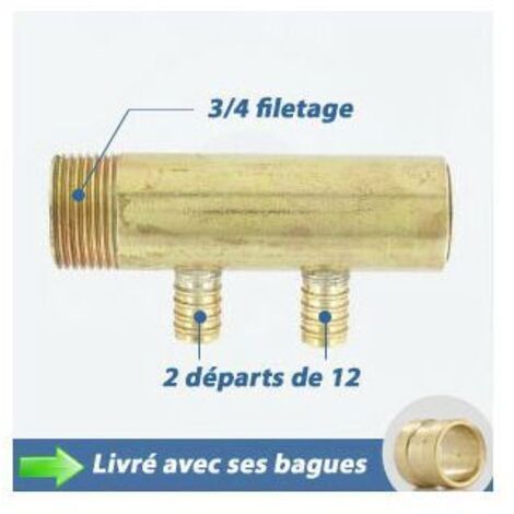 Collecteur 3/4" (20/27) Mâle-Bouchonné 2 piquages à glissement pour tube PER diamètre 12 compris 2 bagues de 12